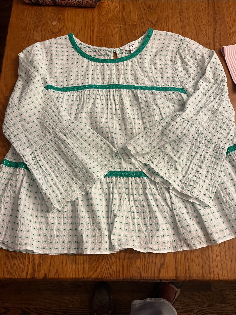 Women’s White Peasant Top with Green Trim